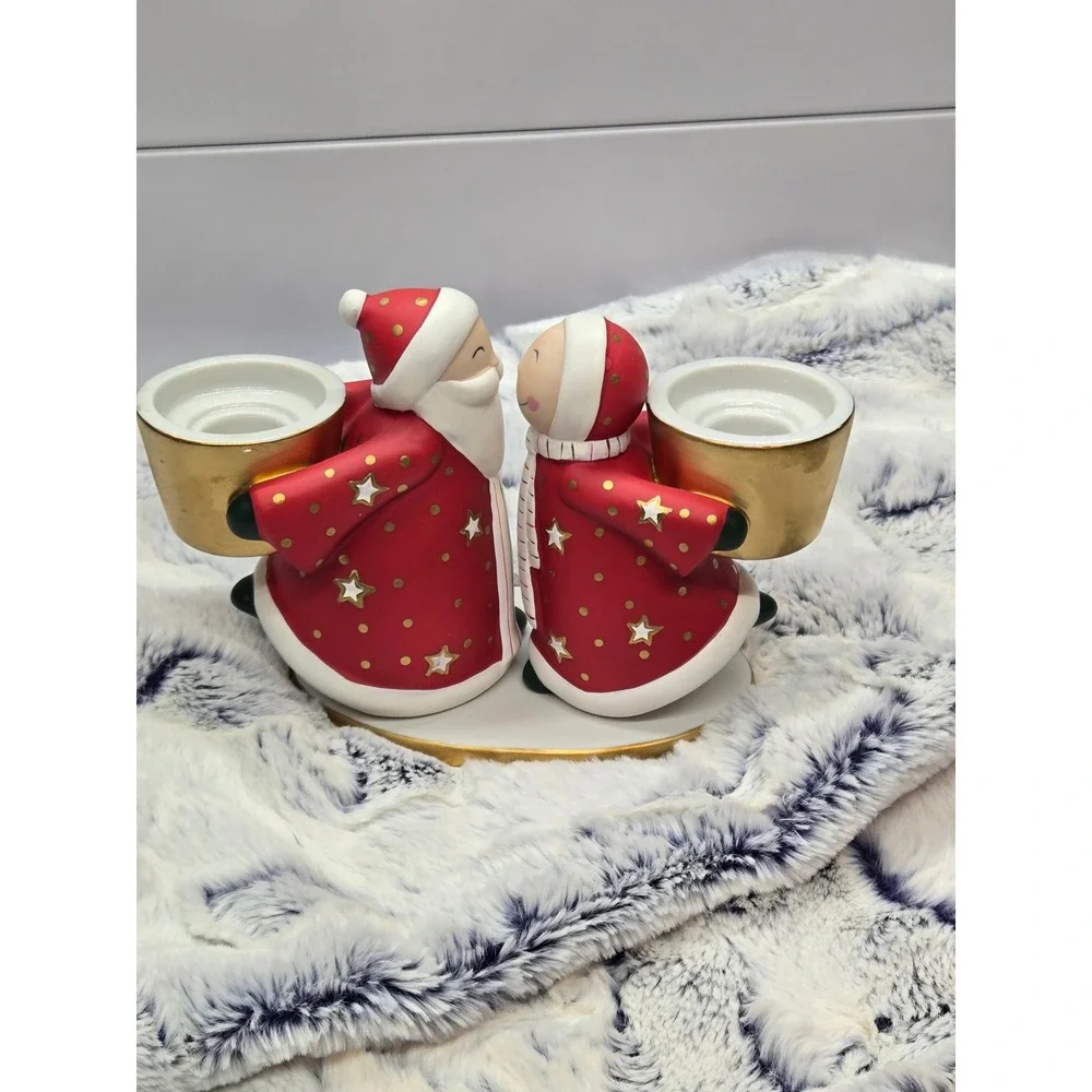 PartyLite Christmas Santa Couple Tealight Holder Ceramic Red Gold Holiday - Picture 2 of 7